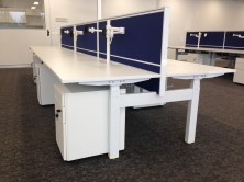 Motion Ecotech Back To Back Straight Desks. Staxis Screens. Monitor Arms. Metal Mobile Ped